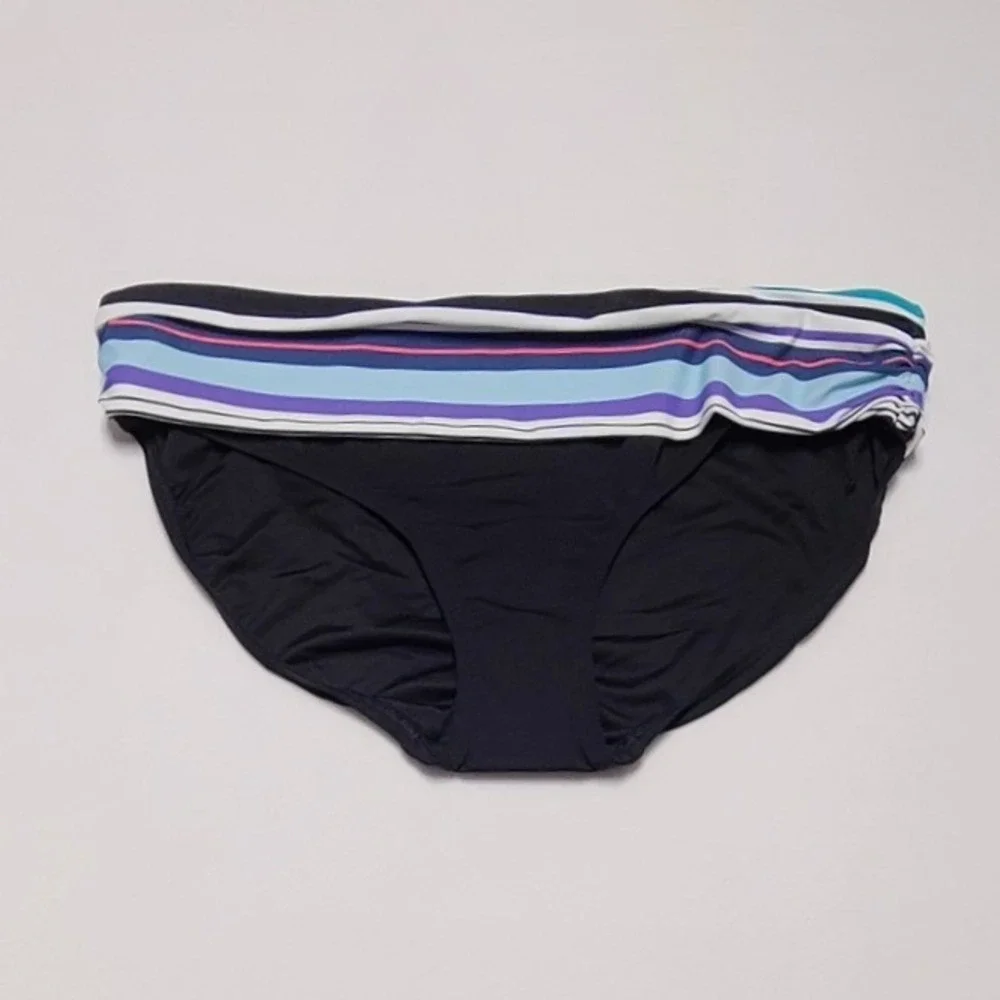 Anne Cole Womens Black Striped Fold Over Bikini Bottom Swimsuit Size Large L